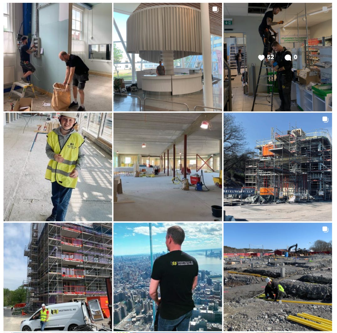 A collage of nine images showing various construction and renovation scenes, including workers, scaffolding, a van, and a cityscape.